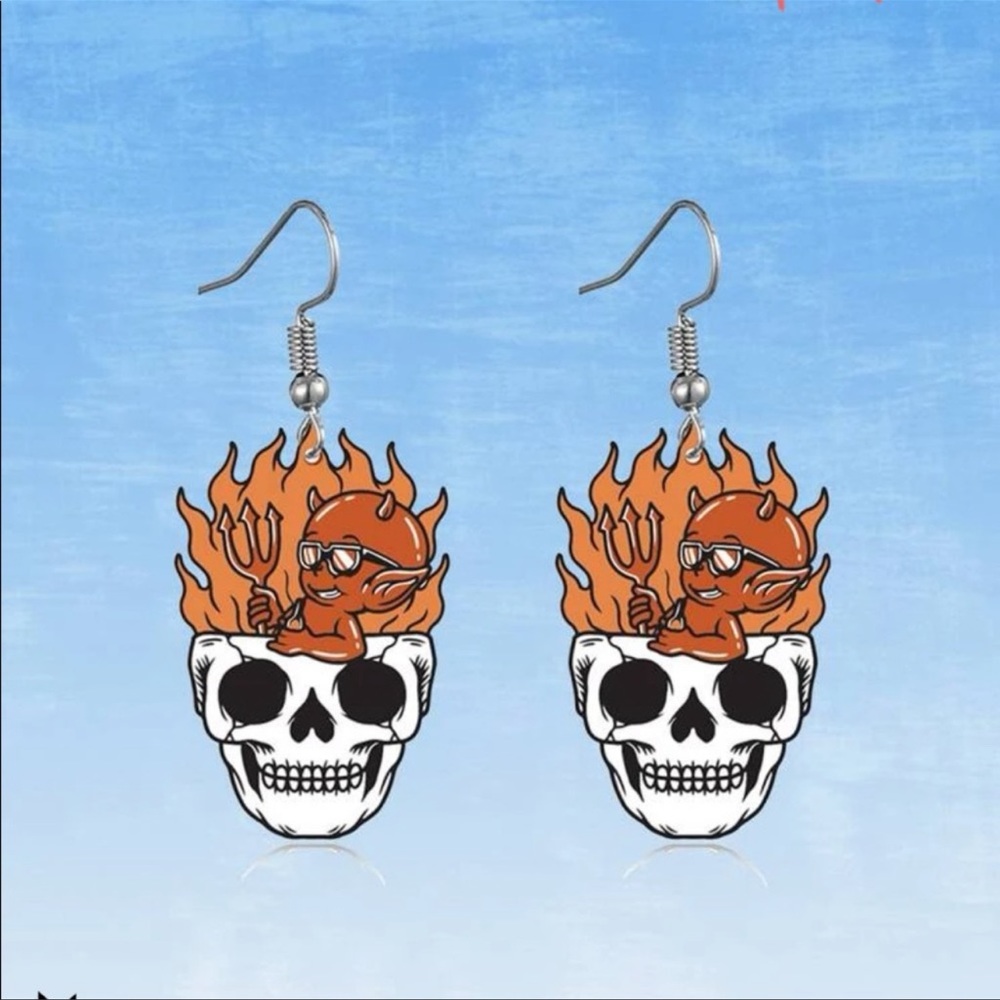 long skeleton earrings skull with fire